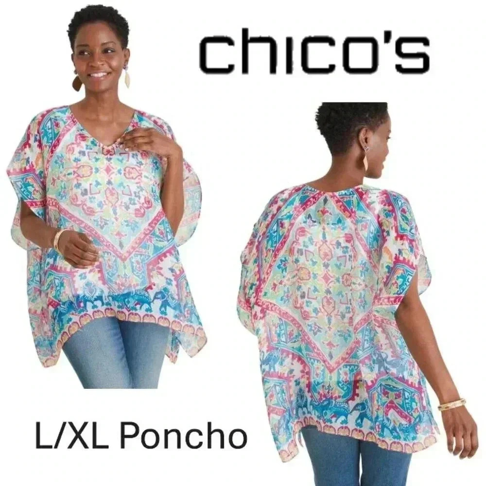 Chico's Multi Print Block Linen Poncho / Size L/XL